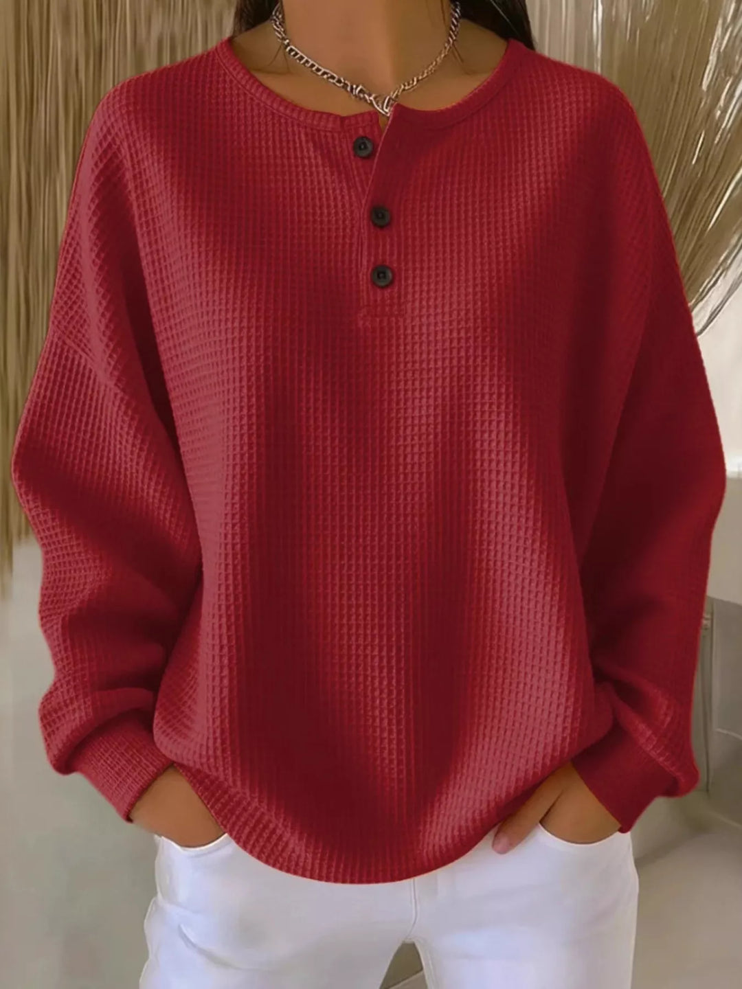 Waffle knit long sleeve henley top with button placket