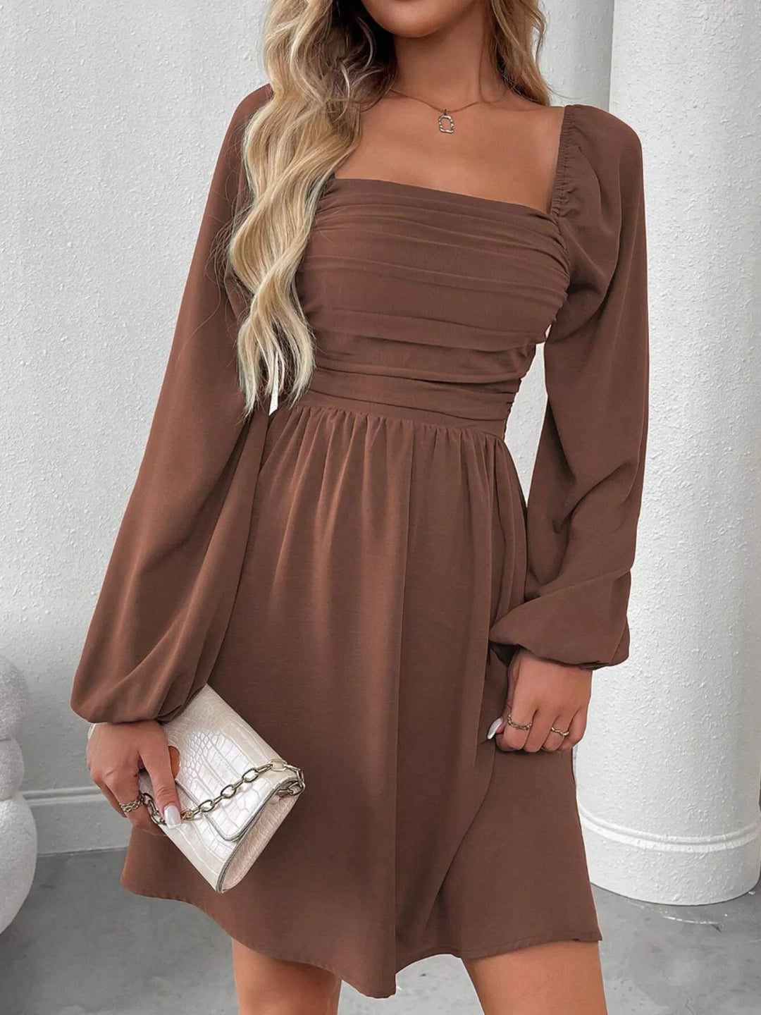 Ruched square-neck balloon sleeve A-line mini dress