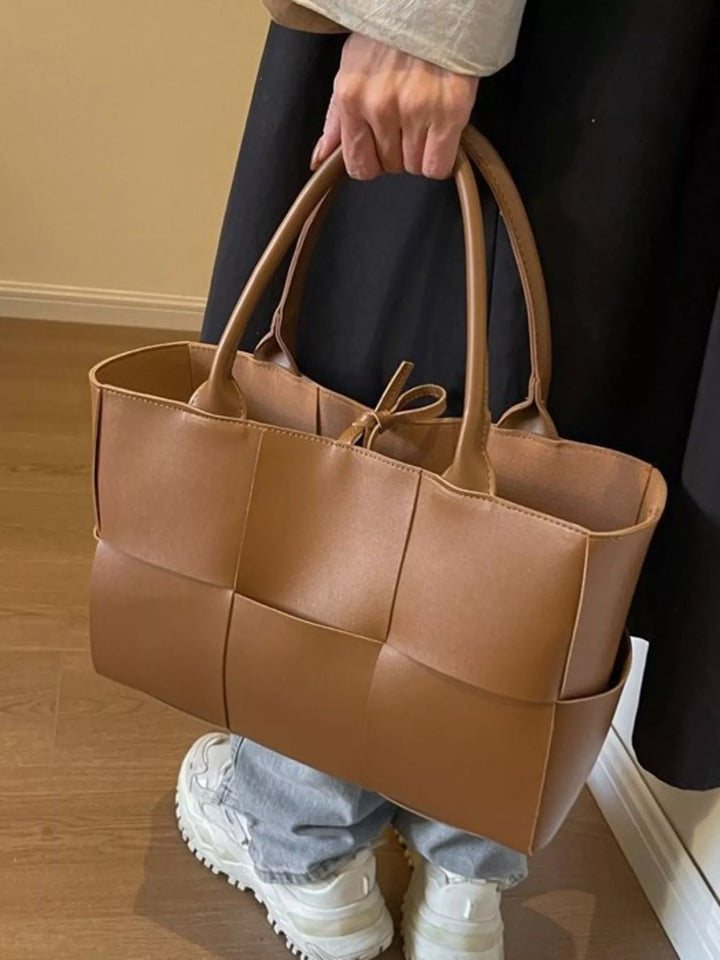 Brown Woven faux leather tote bag with basketweave panels