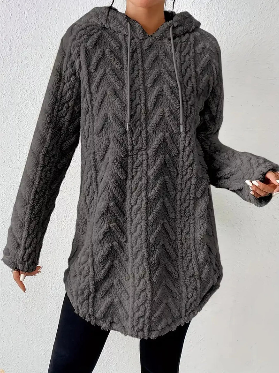 Textured cable-knit fleece pullover hoodie with drawstring