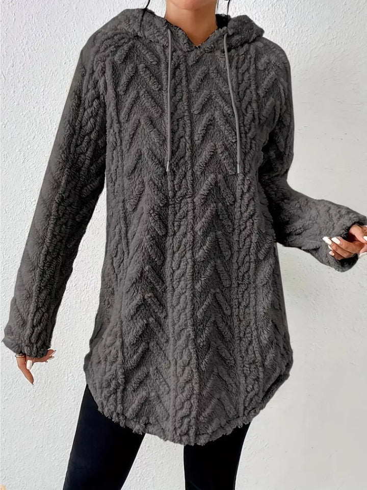 Textured cable-knit fleece pullover hoodie with drawstring