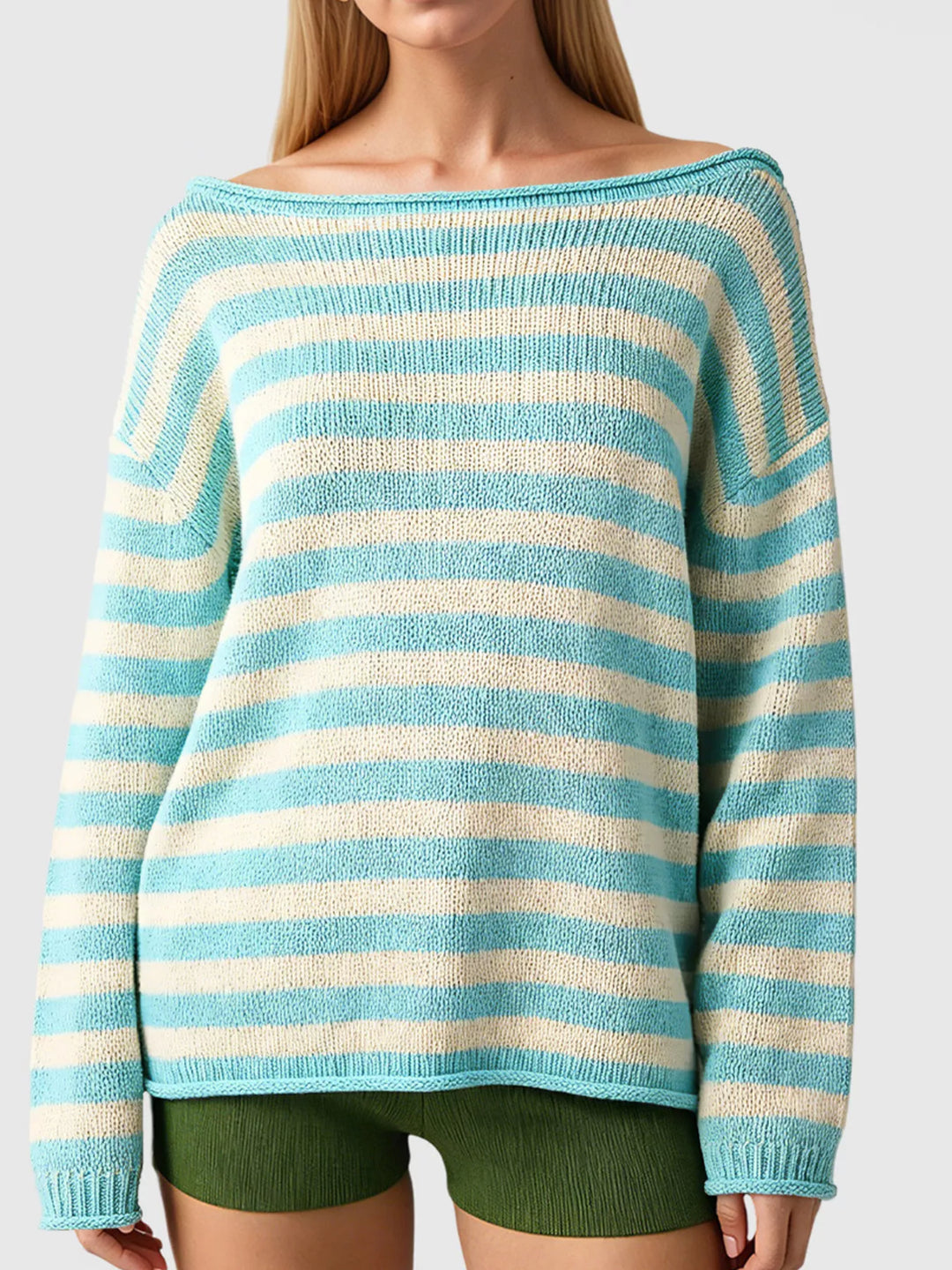 Striped oversized boat neck sweater with drop shoulders