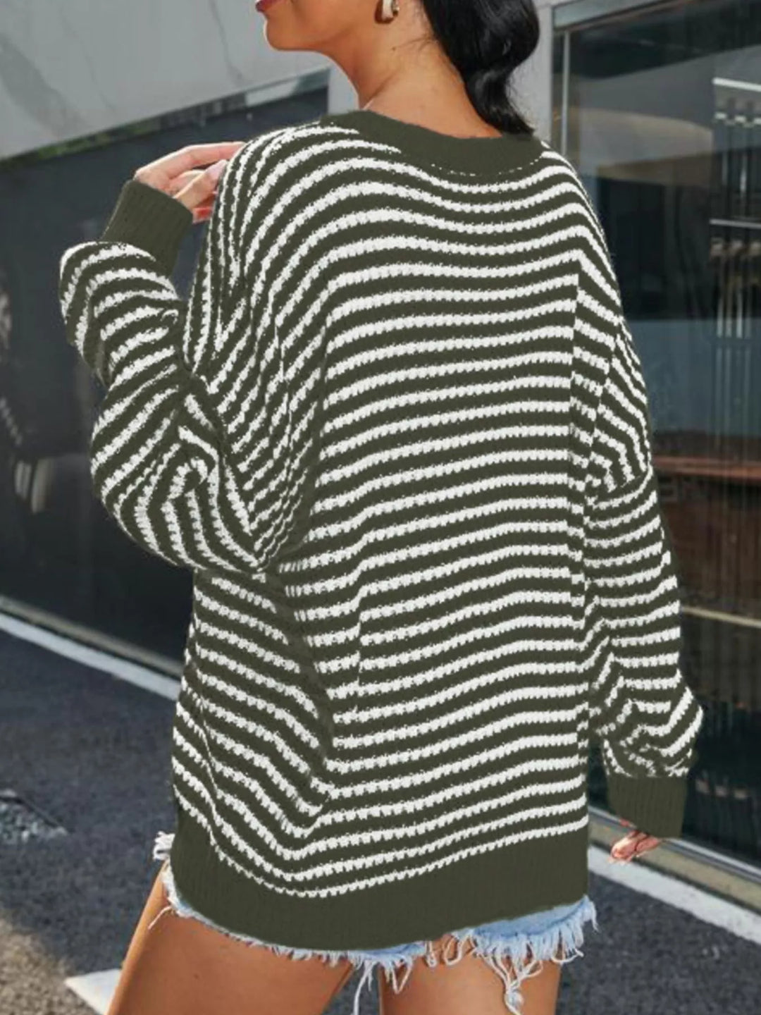 Striped drop-shoulder ribbed knit crew neck sweater