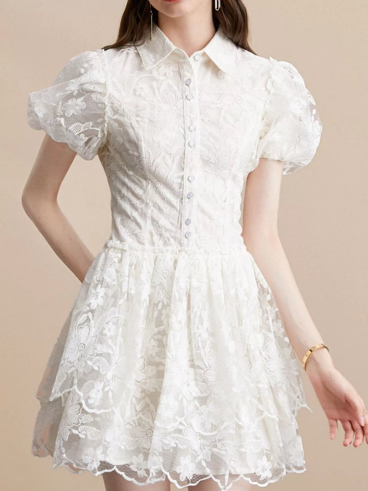 Floral lace puff sleeve mini dress with tiered skirt