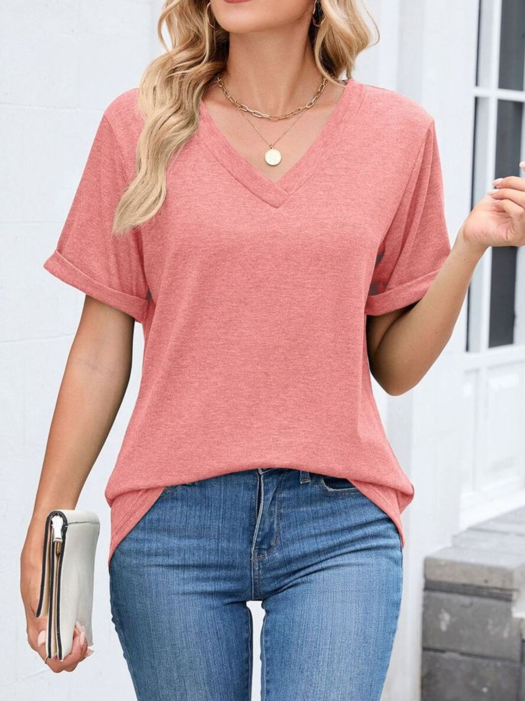 Relaxed V-neck short sleeve tee with rolled cuffs