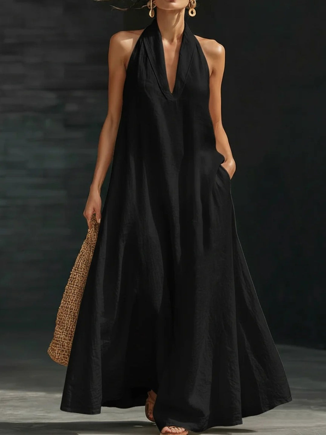 Plunge halter maxi dress with side pockets