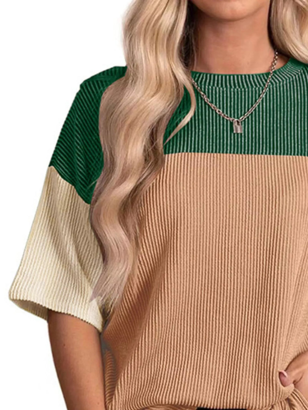 Ribbed color block short sleeve top with side slits