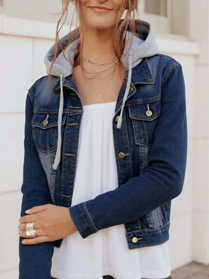 Dark Blue Hooded denim jacket with button-up front and drawstring