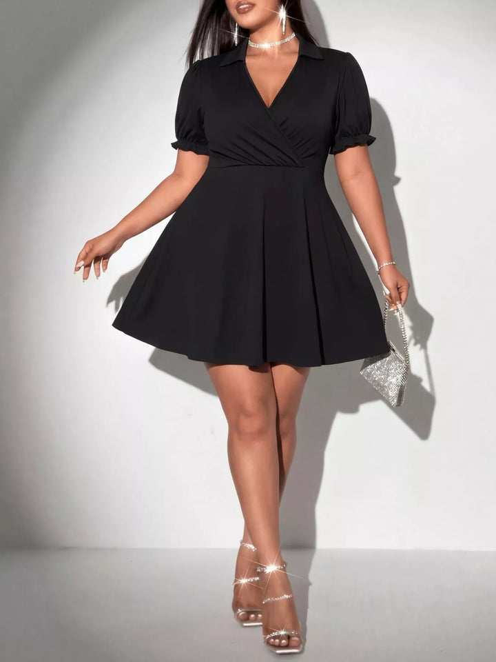 Black Ruched surplice plus size mini dress with puff sleeves