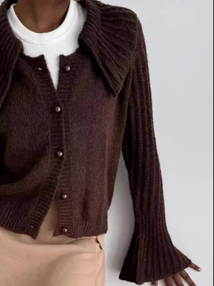 Ribbed knit cardigan with oversized collar and bell sleeves