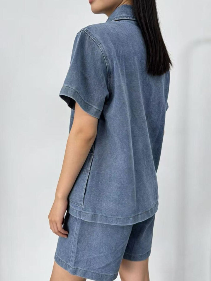 Short sleeve denim shirt and drawstring shorts set