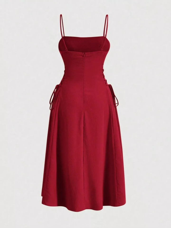Lace-up side A-line midi dress with ruched bodice