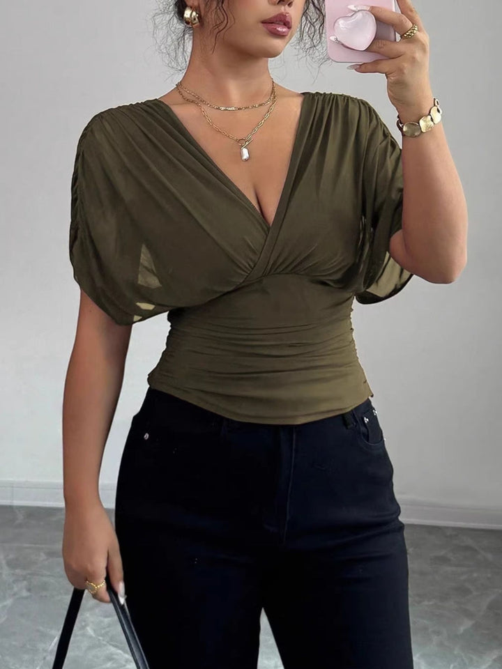 Ruched surplice wrap top with short dolman sleeves