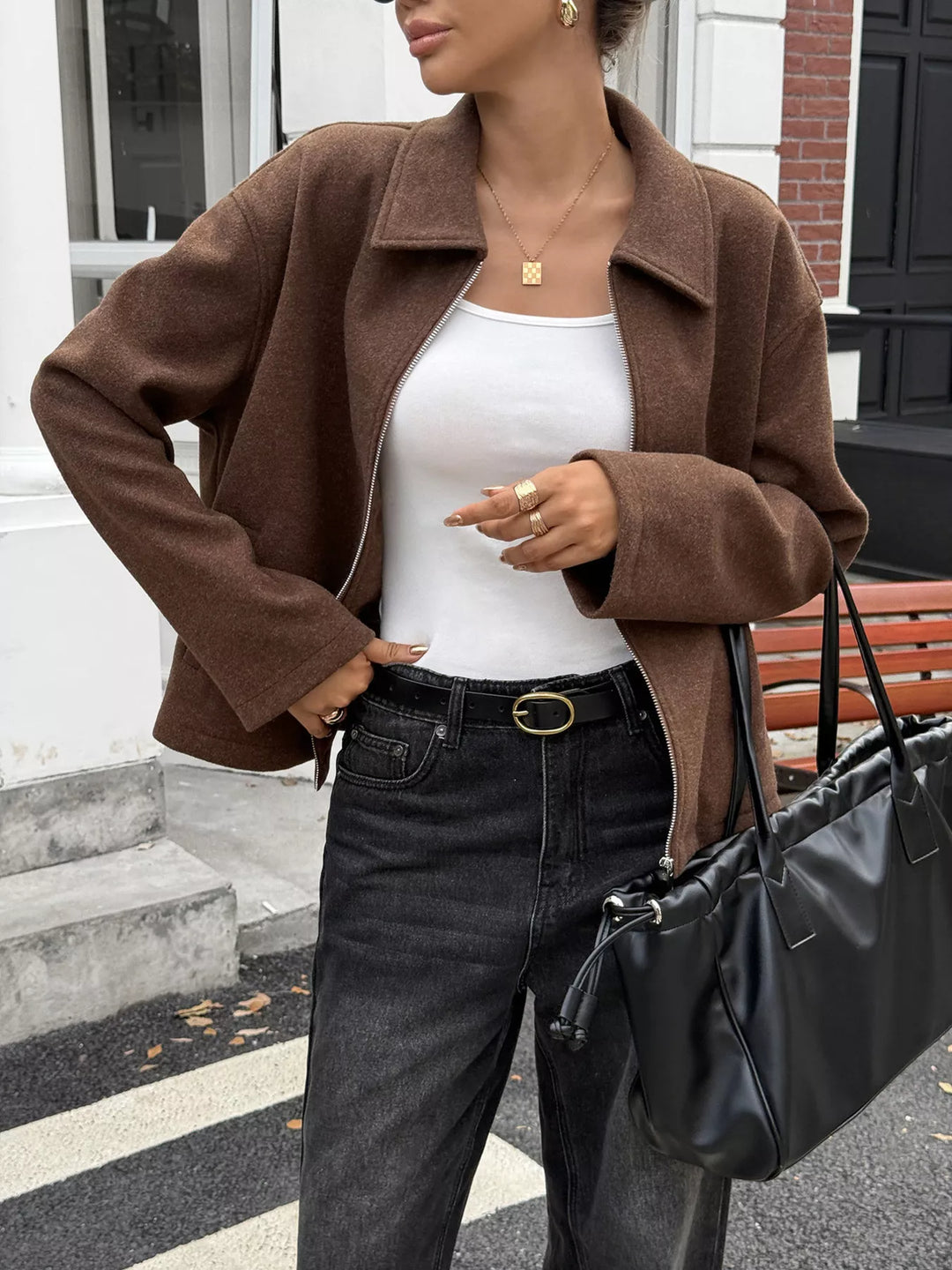 Zip-up dropped shoulder jacket with collar