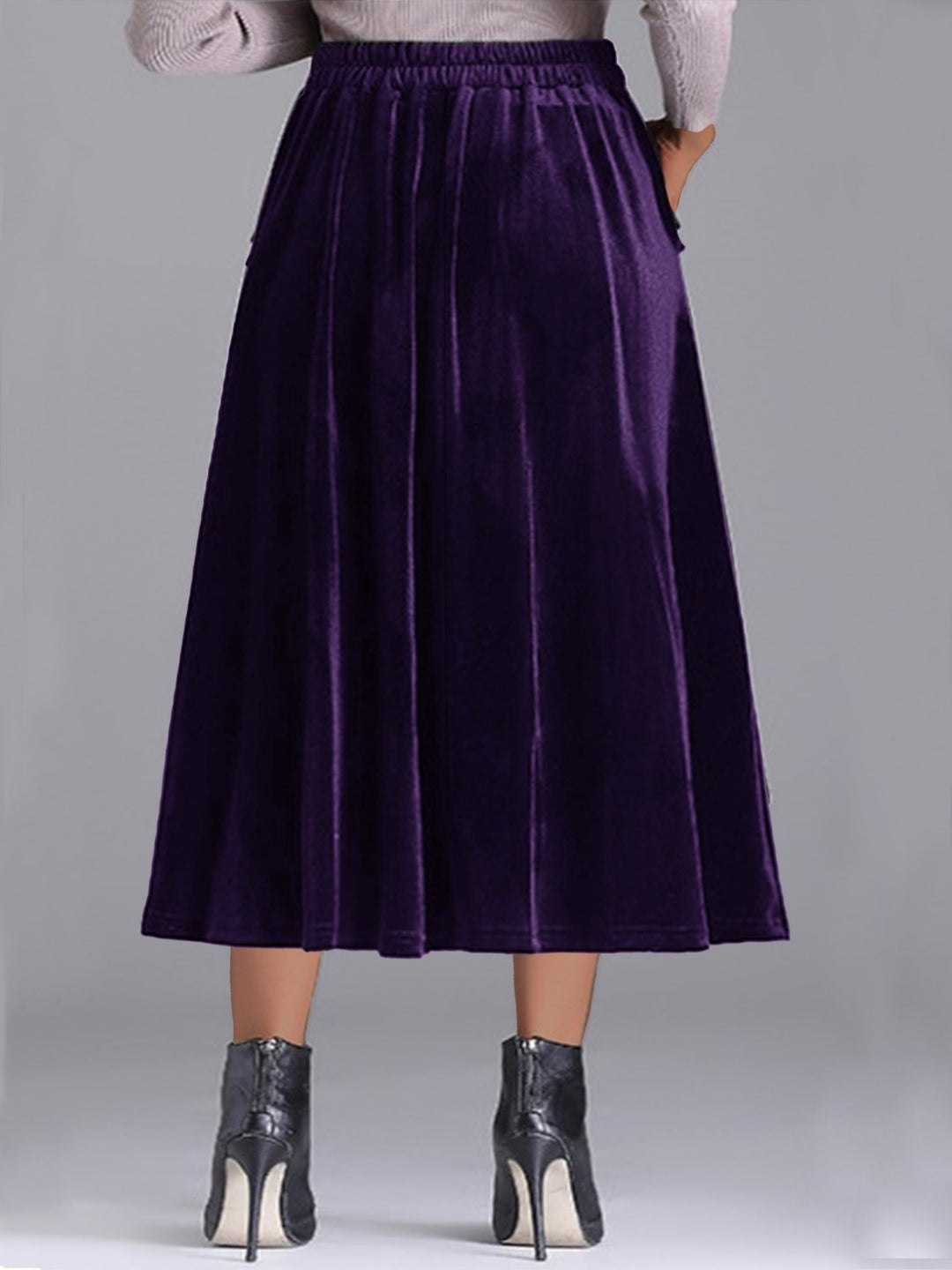 Purple Plus size velvet A-line midi skirt with side pocket