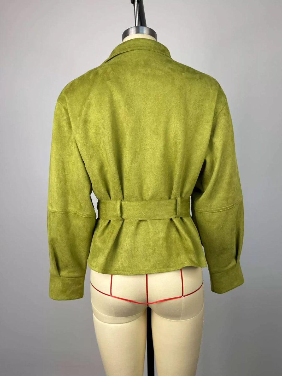 Tie waist cropped jacket with stand collar and snap front