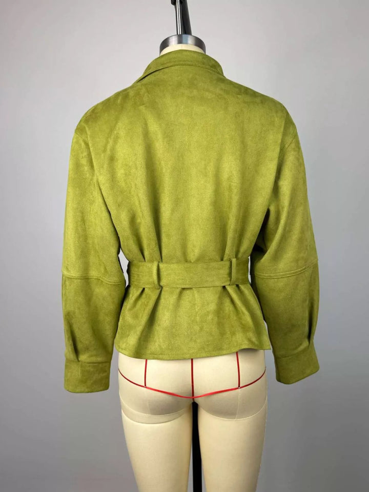 Tie waist cropped jacket with stand collar and snap front