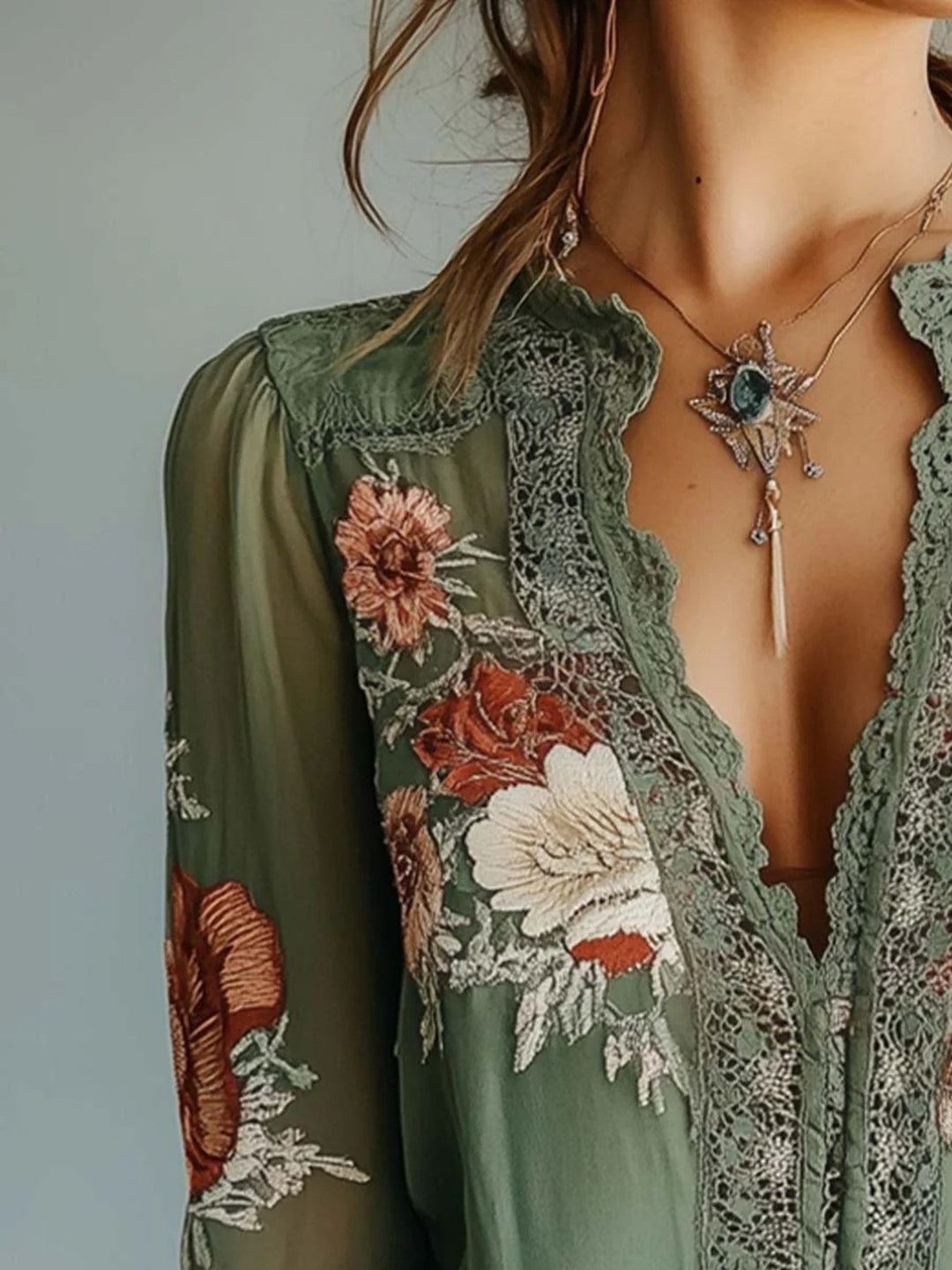 Floral embroidered lace trim blouse with plunge neckline