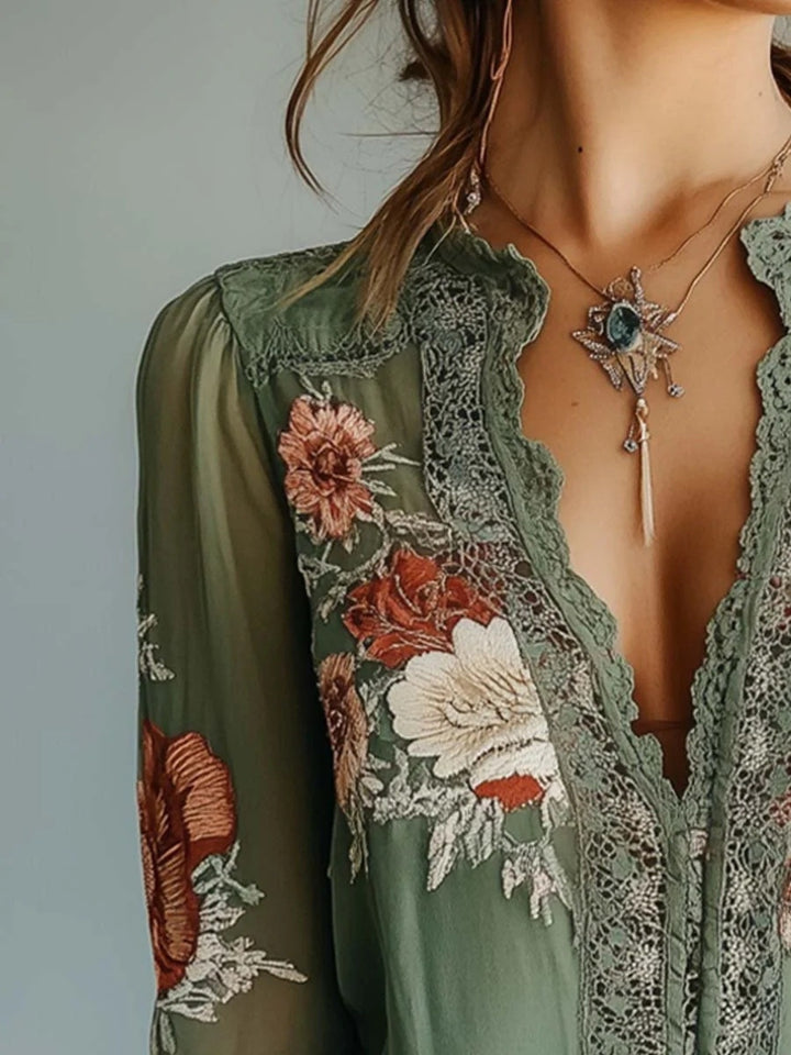 Floral embroidered lace trim blouse with plunge neckline