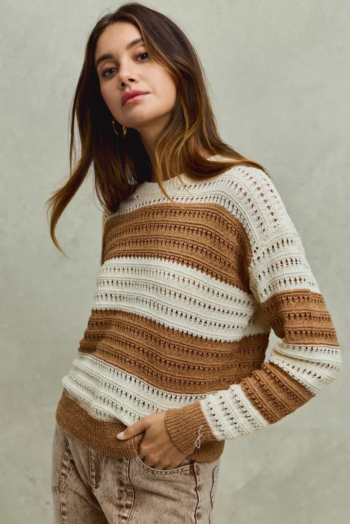 Openwork wide stripe textured knit crewneck sweater