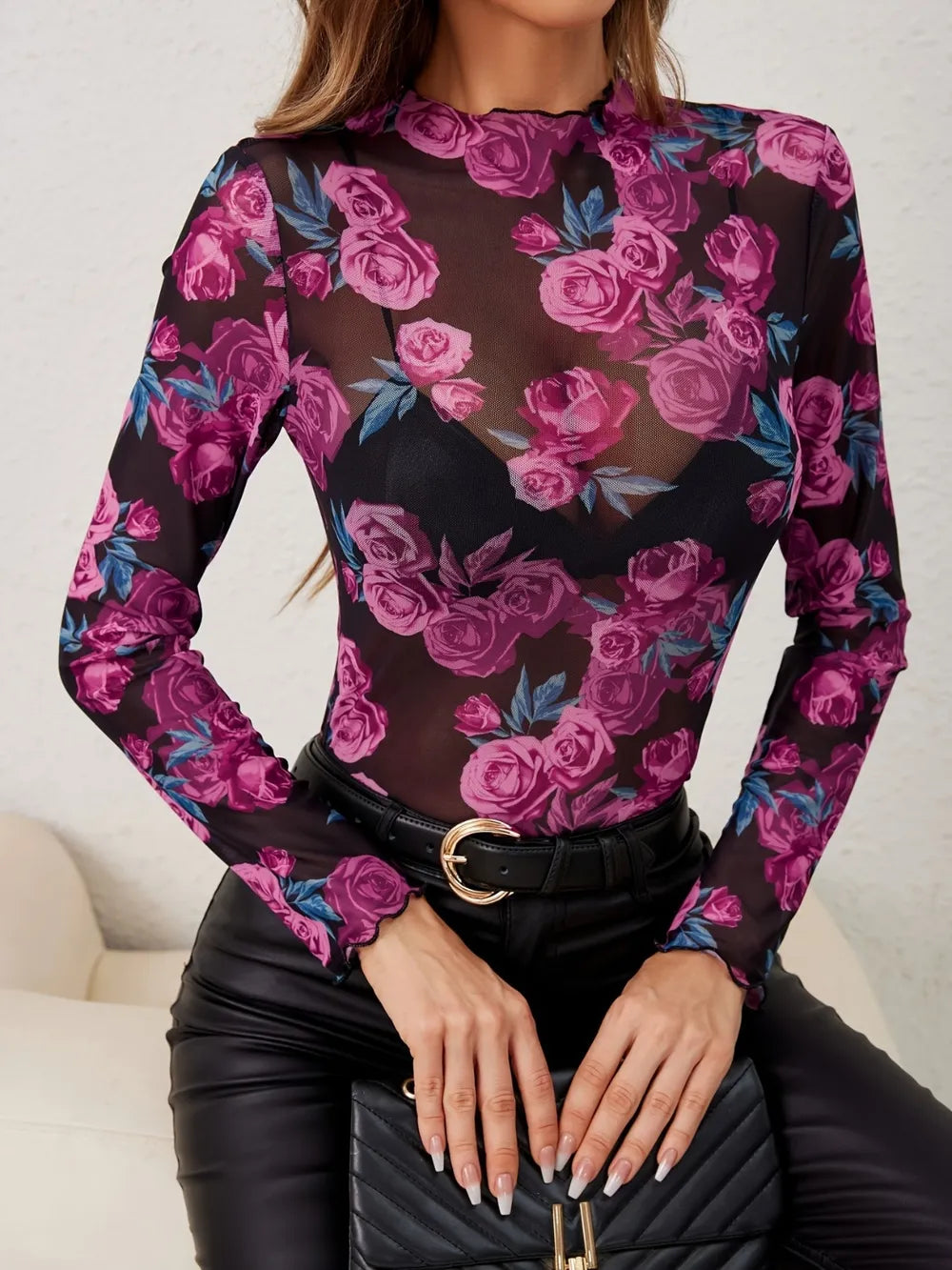 Sheer floral rose mesh mock neck long sleeve top