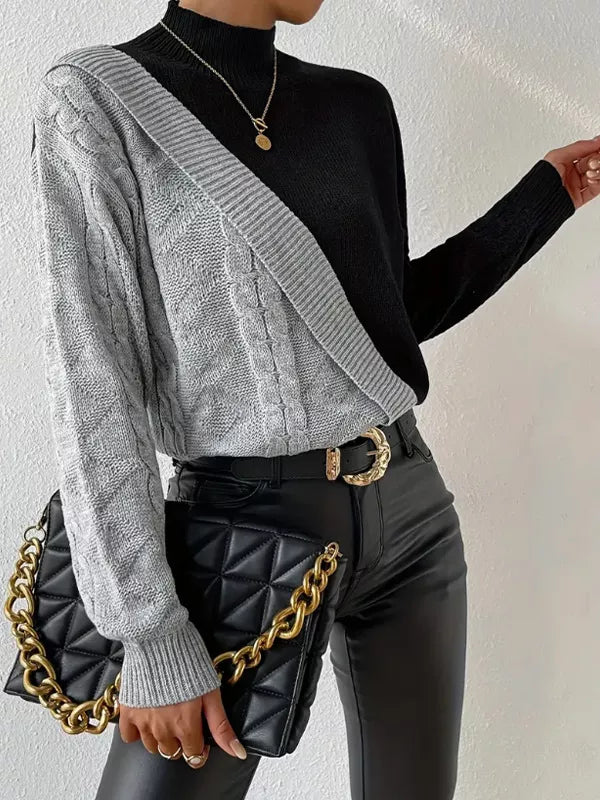 Diagonal color block cable knit mock neck sweater