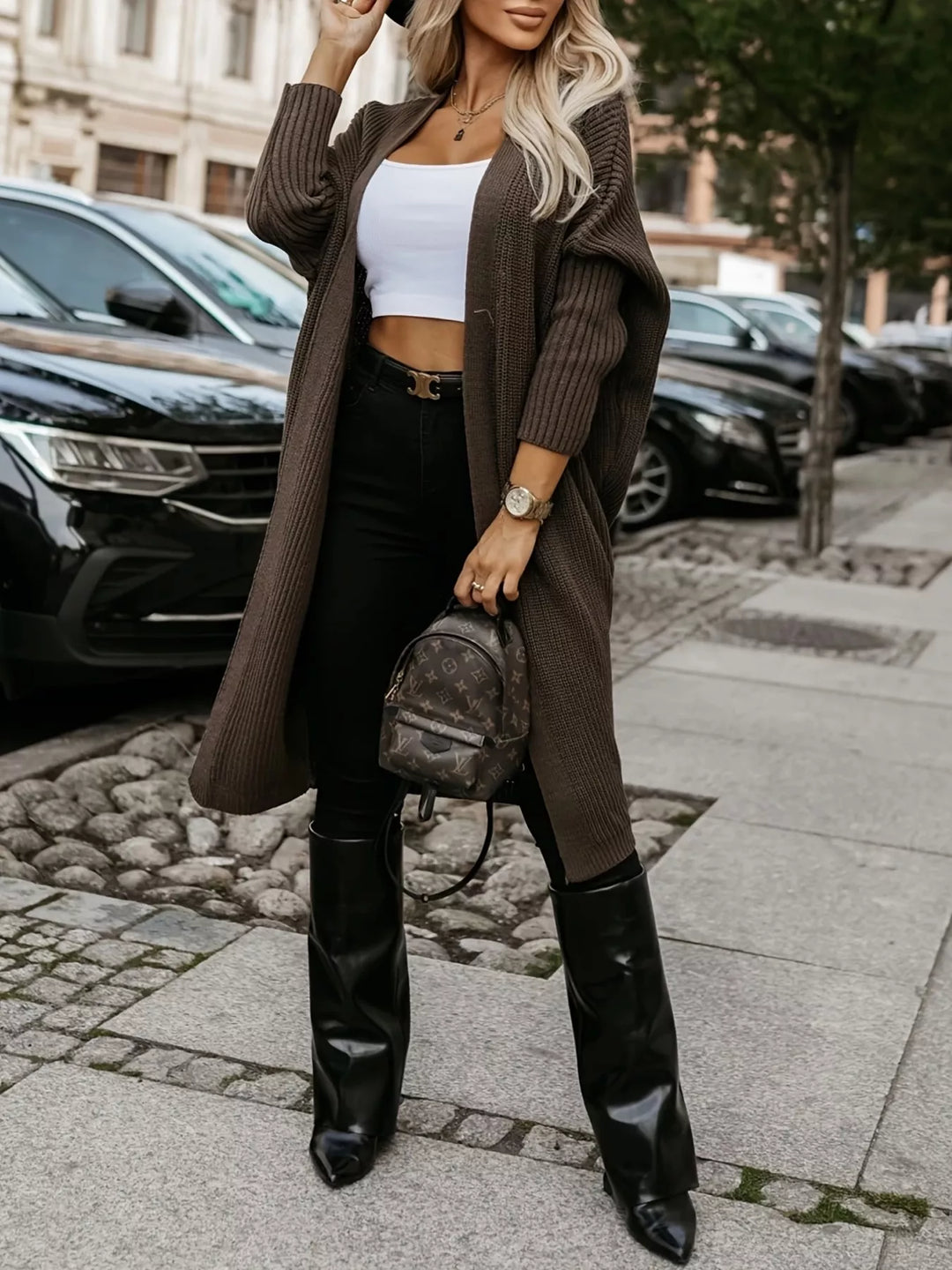 Open-front longline chunky ribbed knit cardigan