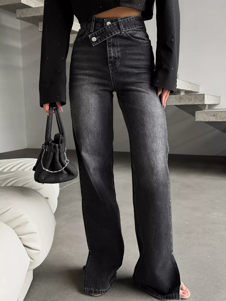 Black High-rise wide-leg jeans with crossover waistband and slit hem