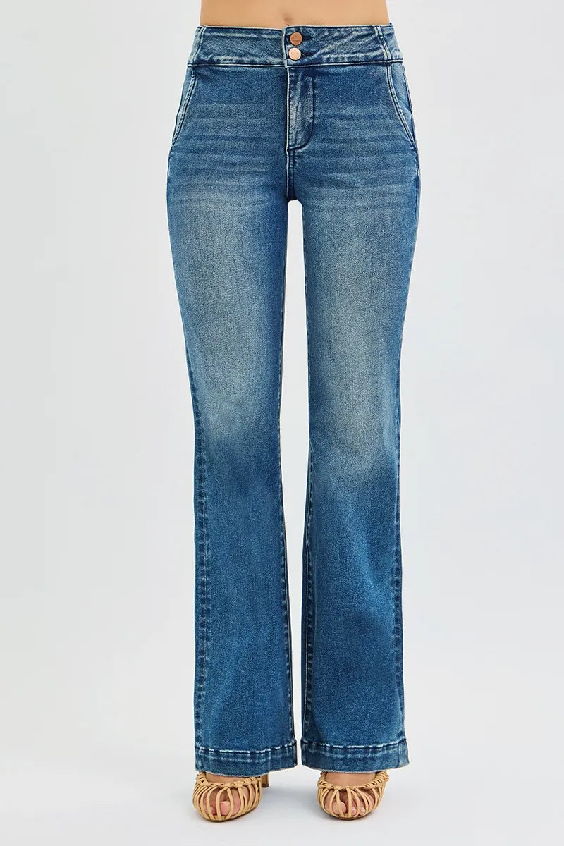 DARK High-rise tummy-control bootcut jeans with double-button waistband