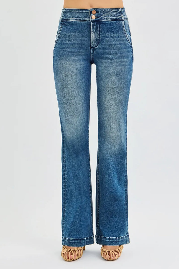 DARK High-rise tummy-control bootcut jeans with double-button waistband