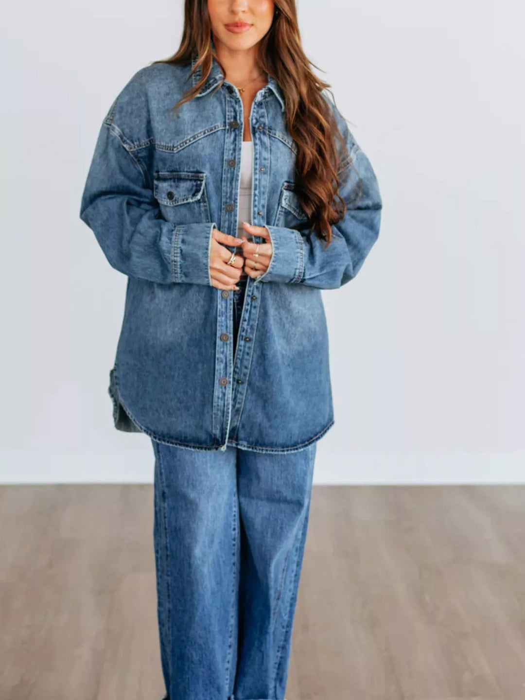 Oversized snap-front denim shacket with chest pockets