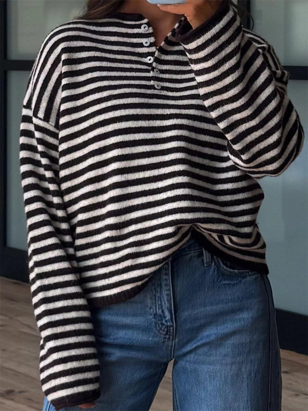 Striped dropped-shoulder collared sweater with button placket