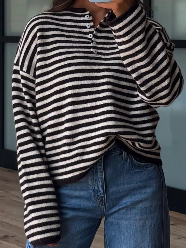 Striped dropped-shoulder collared sweater with button placket