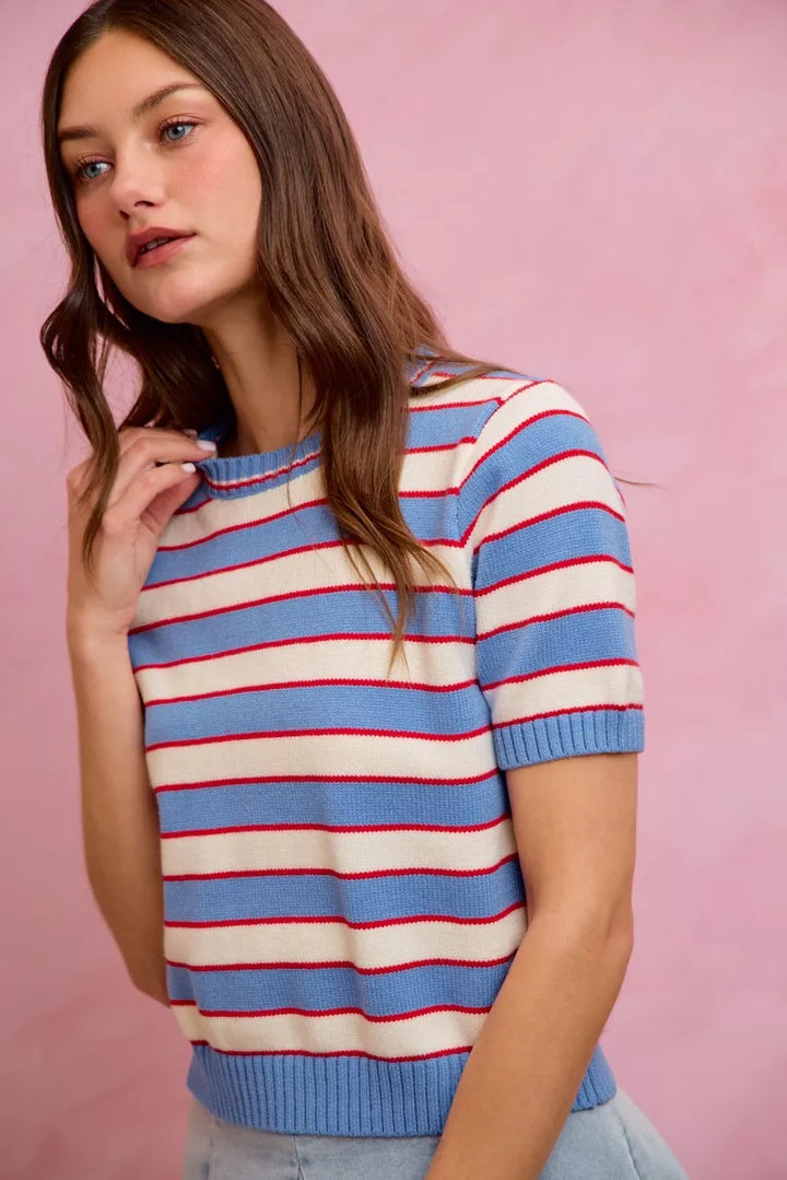 Striped ribbed knit short sleeve crew neck sweater top