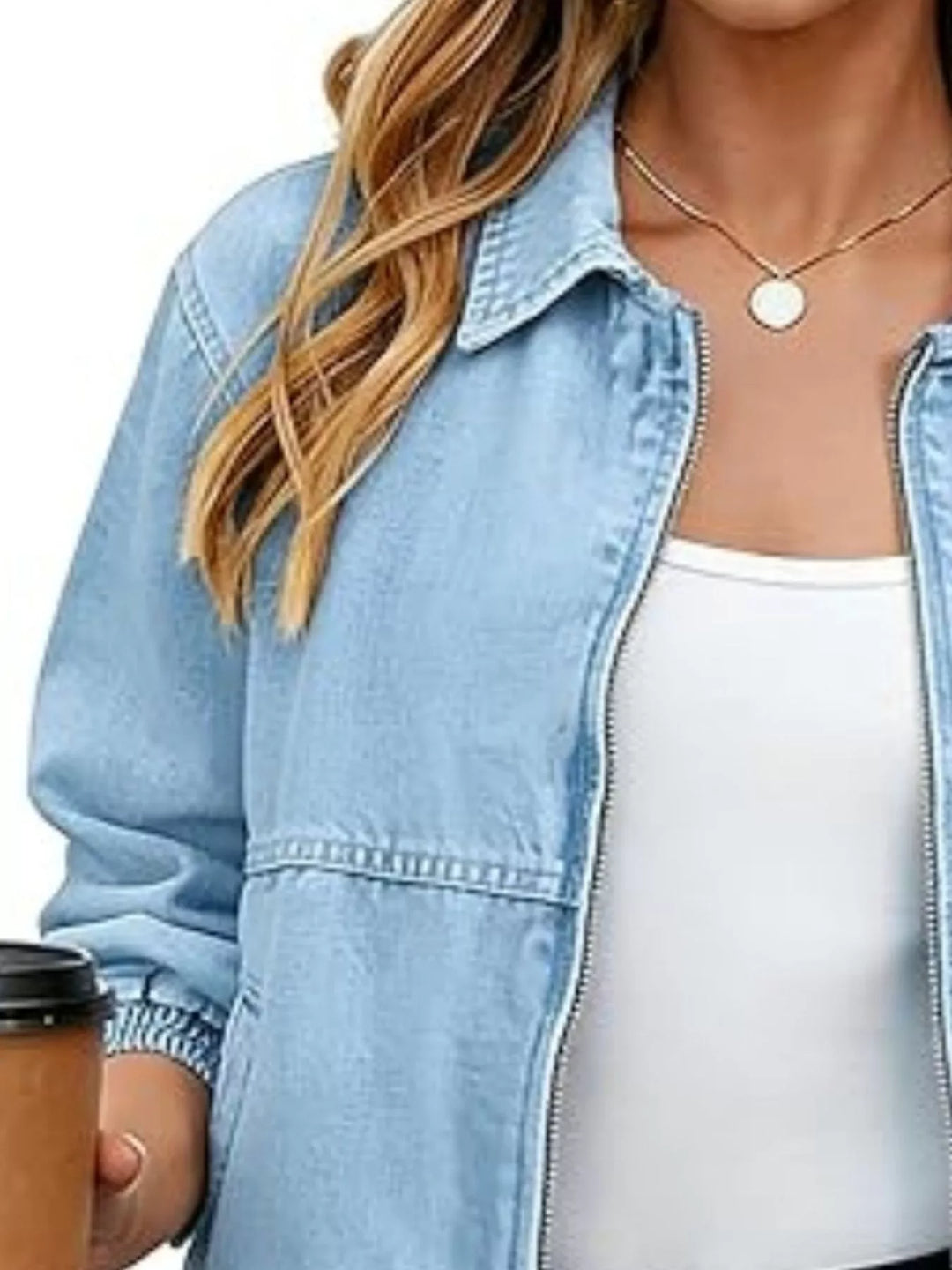 Zip-front washed denim bomber jacket with ribbed hem