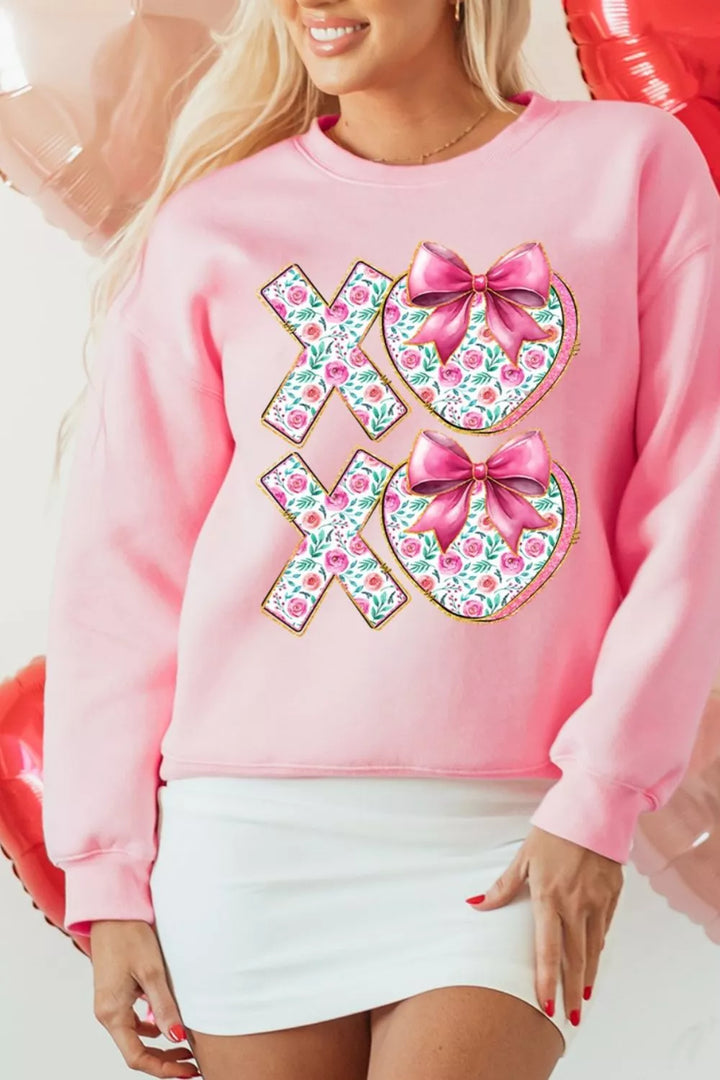 Floral XOXO graphic crewneck sweatshirt with bow hearts
