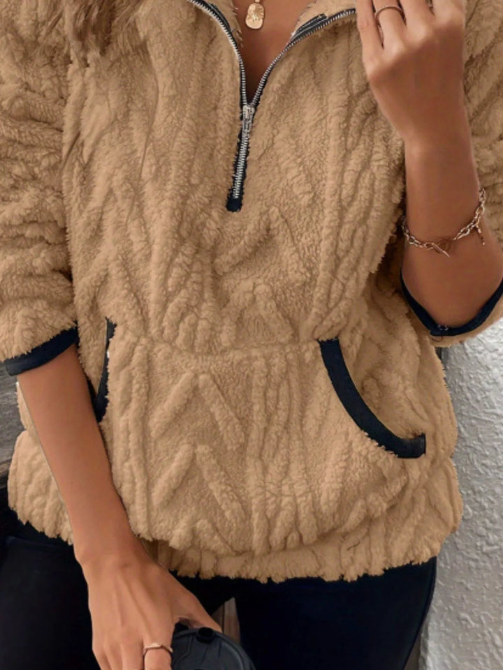 Textured sherpa half-zip pullover with contrast trim