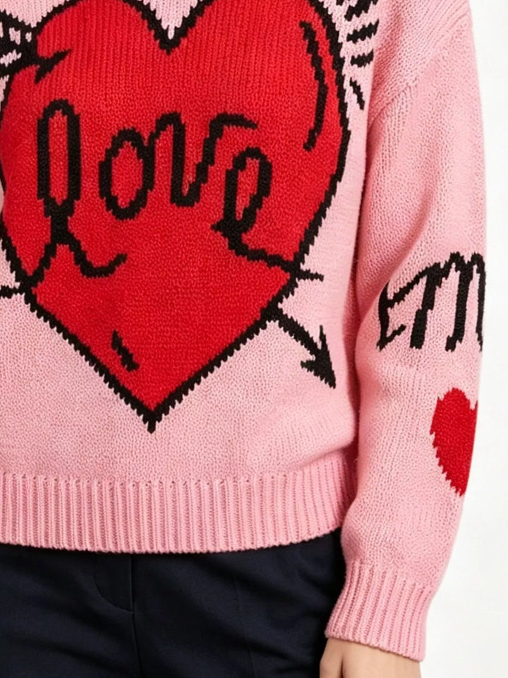 Heart and arrow graphic knit sweater with ribbed trim