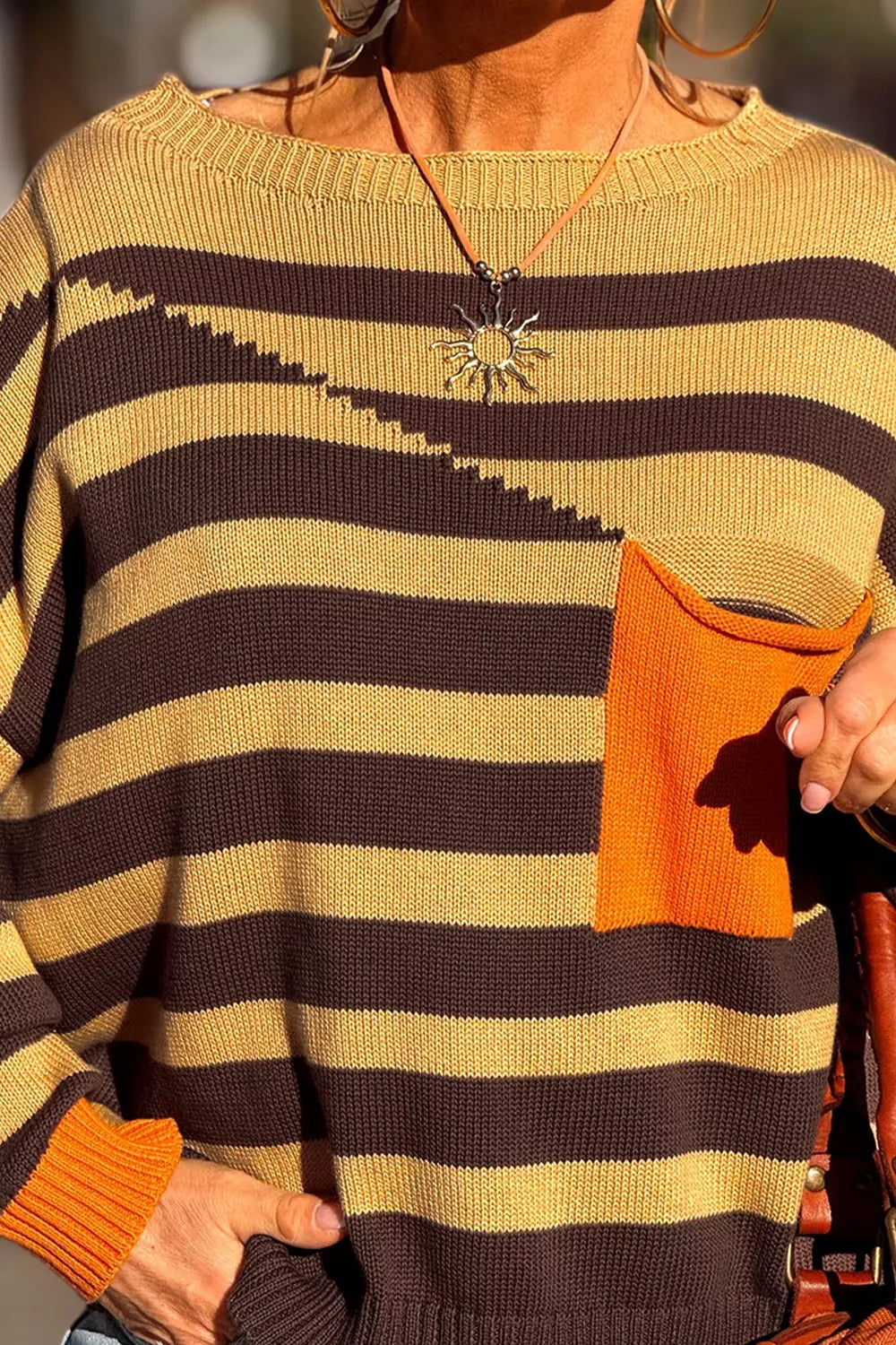 Striped drop shoulder pullover sweater with chest pocket