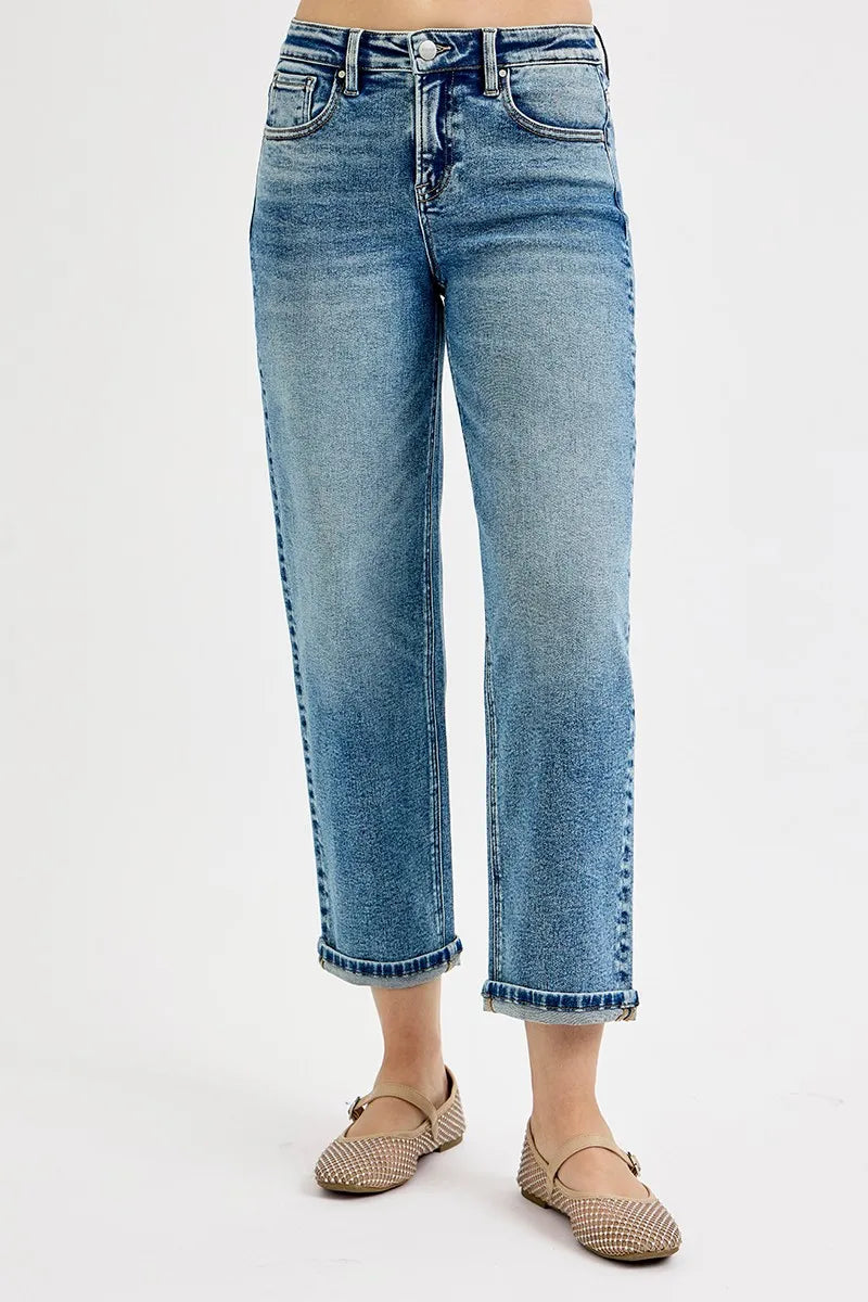 High-rise cropped boyfriend jeans with cuffed hem
