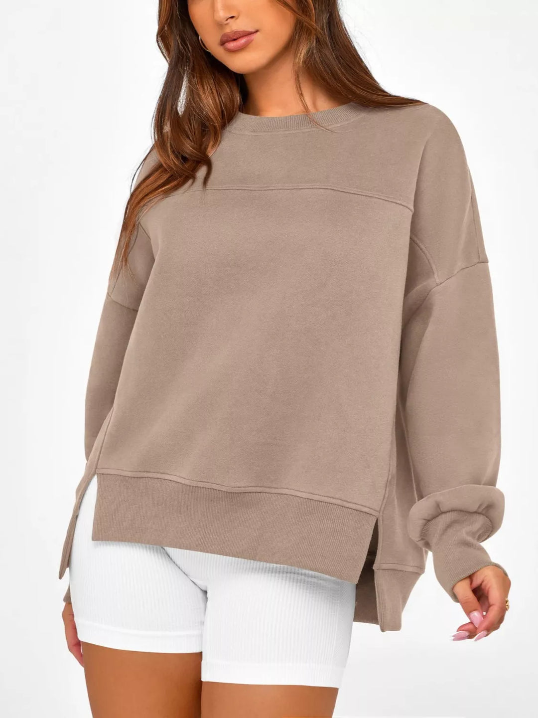 Mocha Side slit drop-shoulder relaxed crewneck sweatshirt