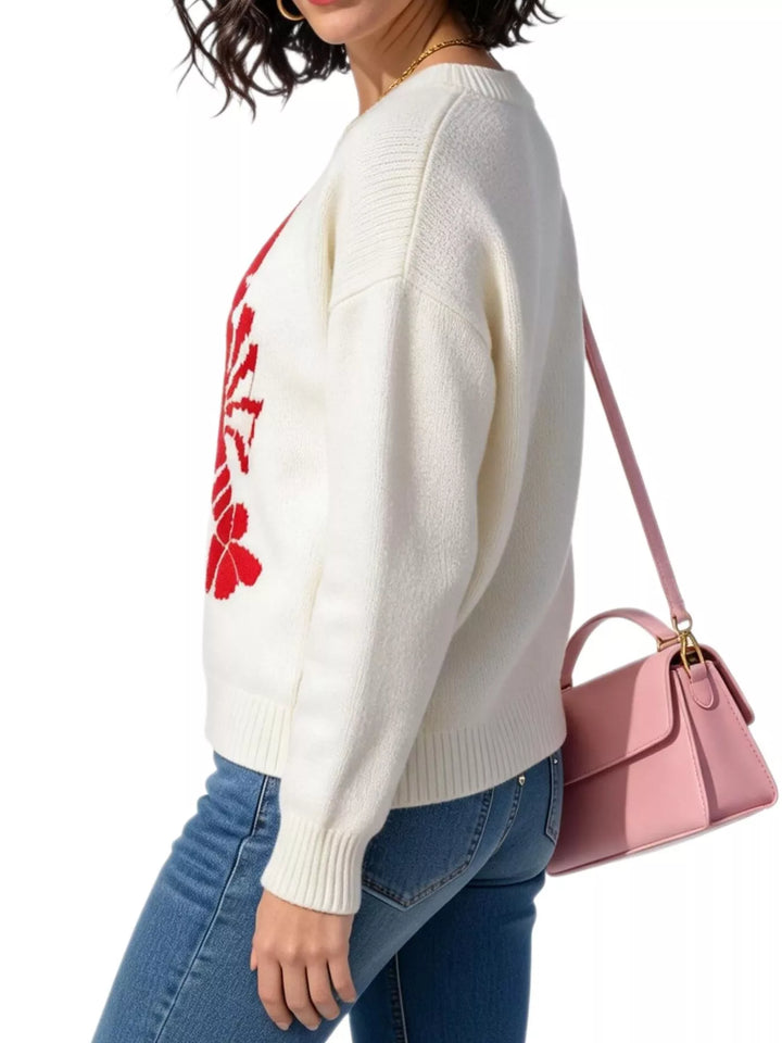 Lobster intarsia knit crew neck sweater with ribbed trim