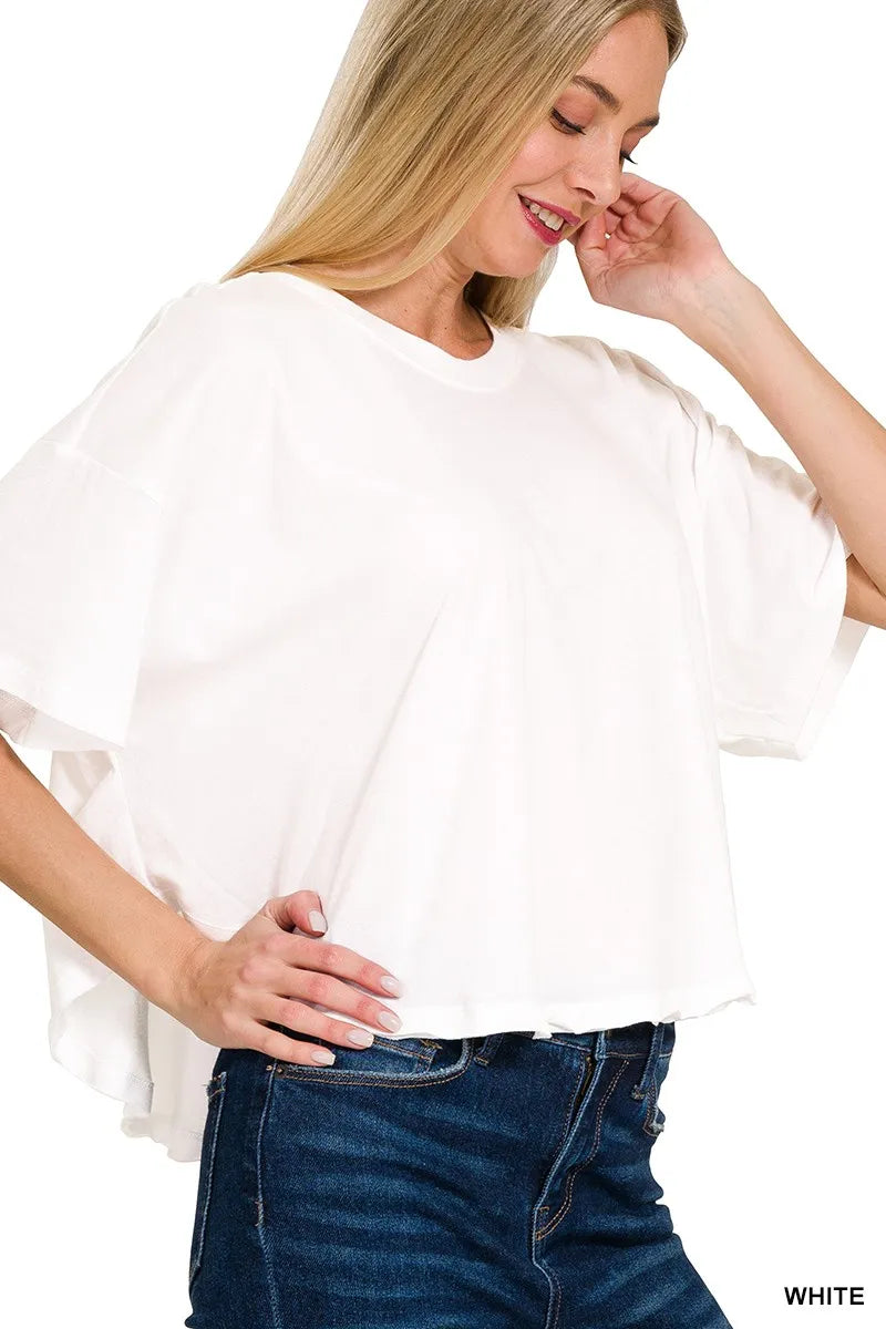 WHITE Ruffle sleeve oversized cotton crop top with crew neck