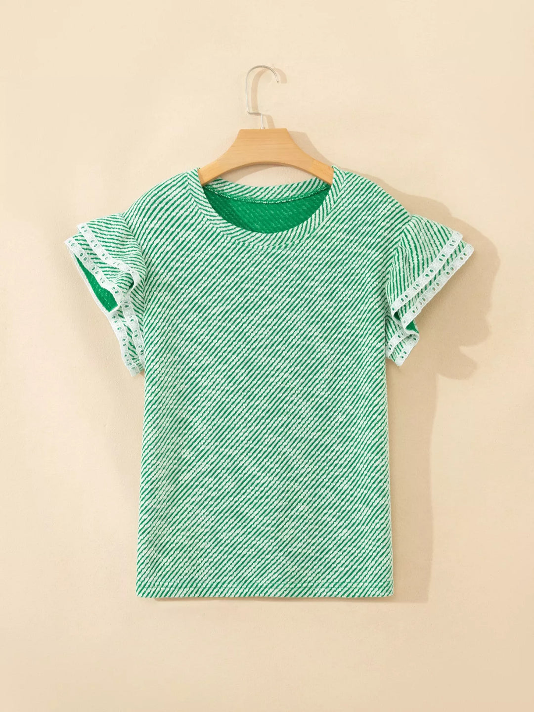 Diagonal-stripe ruffle cap-sleeve blouse with lace trim