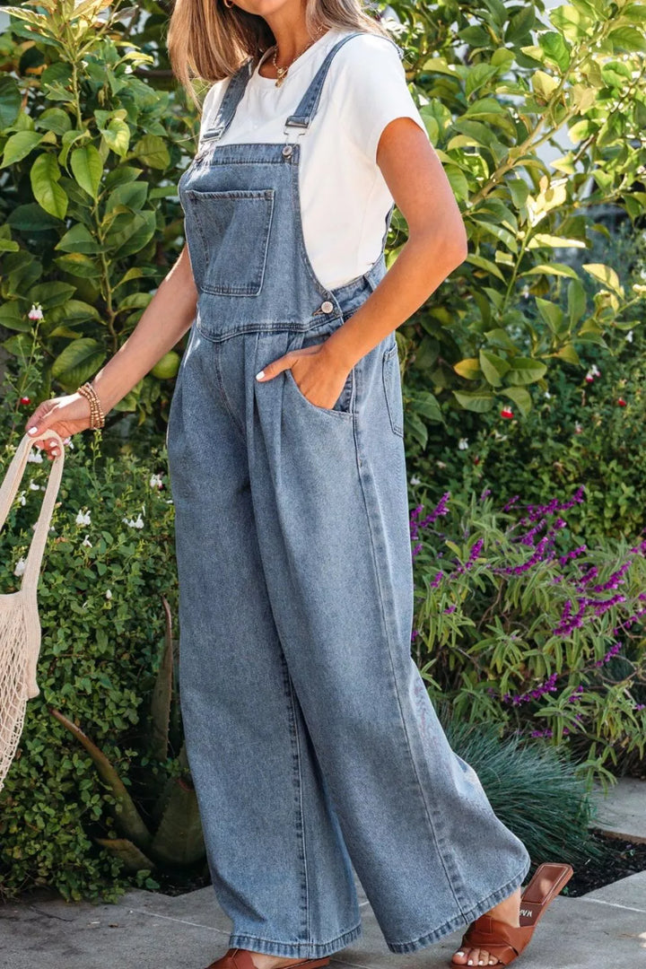 Pleated wide-leg denim overall jumpsuit with bib pocket