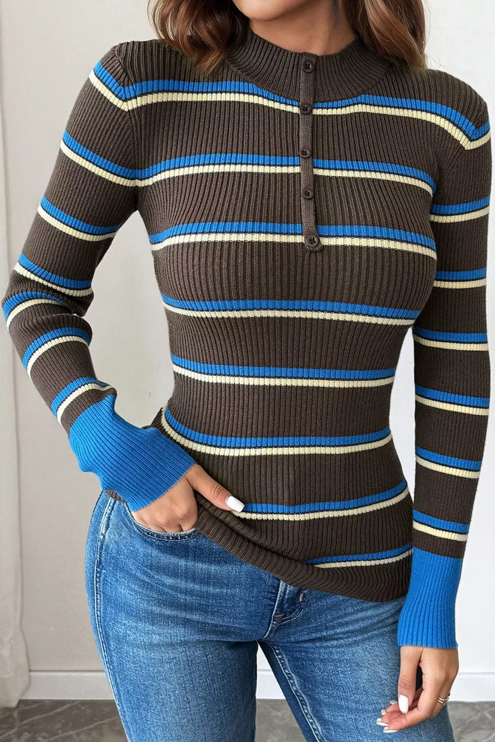 Striped ribbed knit henley sweater with mock neck