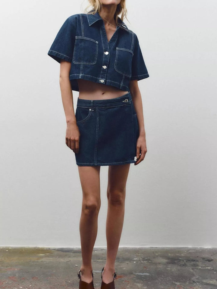 Contrast-stitch denim button-up crop shirt and skort set