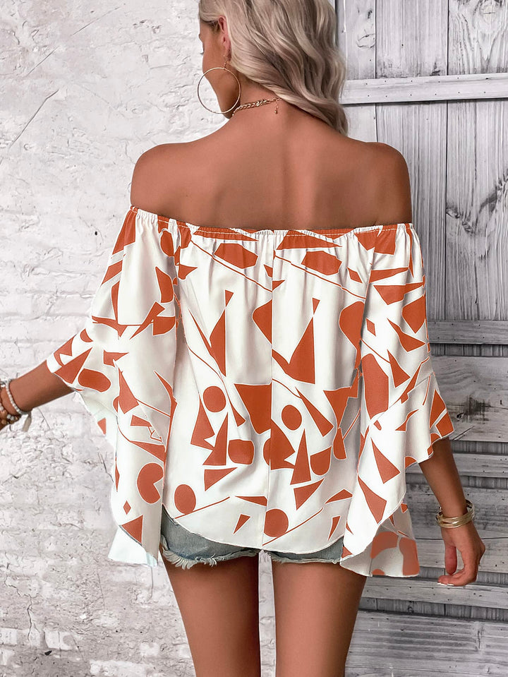 Geometric print off-shoulder bell sleeve blouse