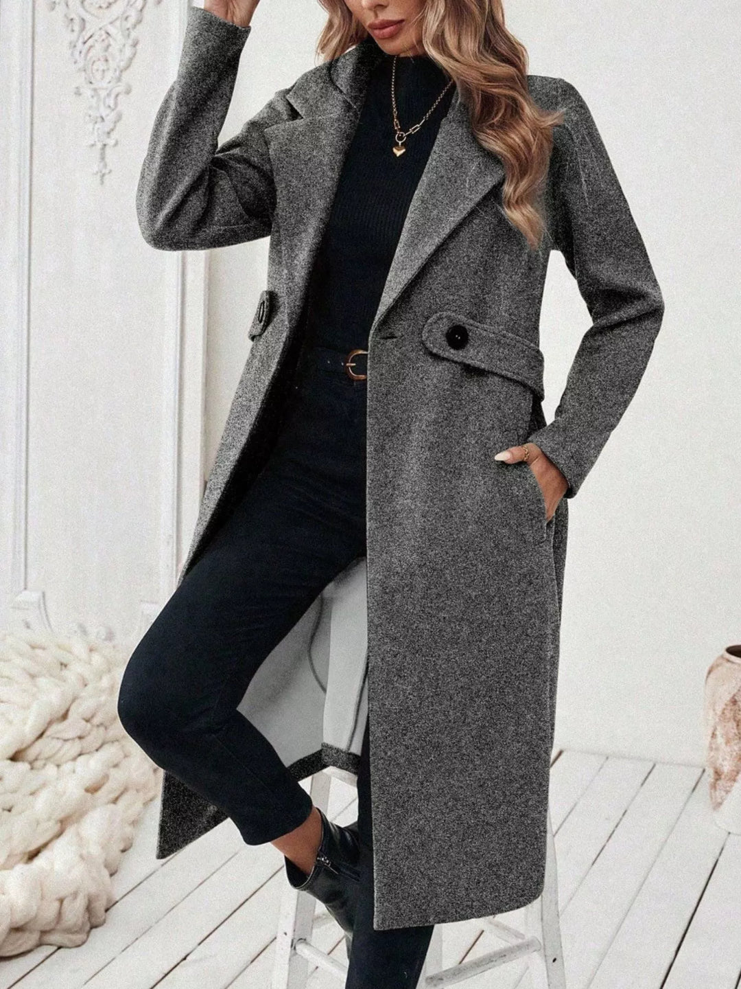 Notch lapel open-front longline coat with side pockets