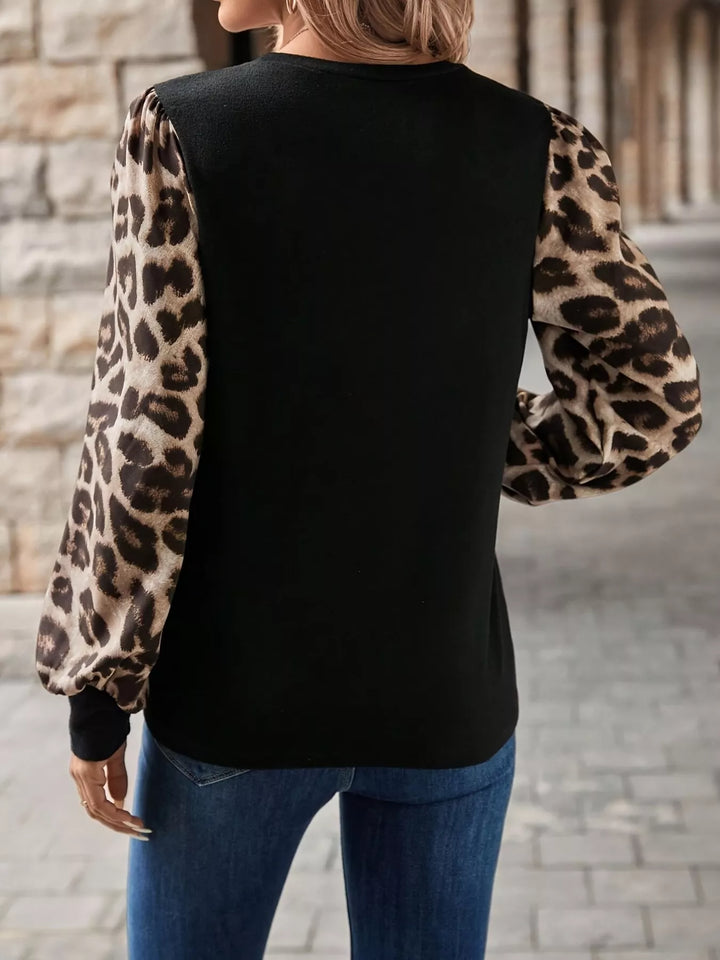 Leopard print lantern sleeve round neck top